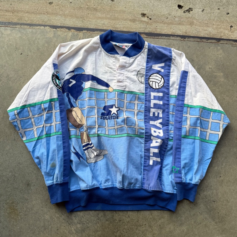 Vintage 80s Starter Volleyball  Blue White Graphic rugby pullover sweatshirt XL